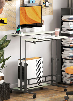 Adjustable Standing Desk with Power Outlets, Stand Up Desk with Tiltable Tabletop, Wheels, Shelf, for Home Office, Oak