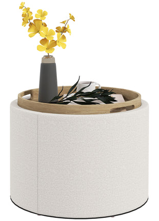 Round Storage Ottoman Coffee Table with Flip Top Tray, Linen Fabric Upholstered Footstool with Hidden Compartment