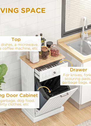 10 Gallon Tilt Out Trash Cabinet, Wooden Hidden Trash Can with Storage Drawer for Kitchen, Laundry Hamper Cabinet for Bathroom, White
