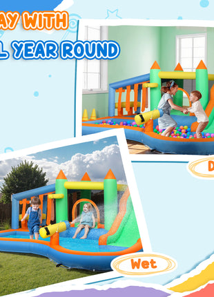 8 in 1 Inflatable Bounce House Water Slide with 550W High Power Blower, for 3-8 Years