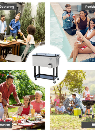 80 QT Rolling Cooling Bins Ice Chest on Wheels Outdoor Stand Up Drink Cooler Cart for Party, Silver