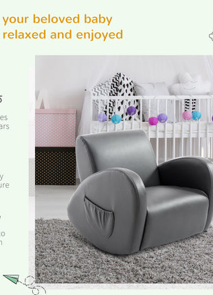 Kids Sofa Rocking Chair with Side Pocket, PU Leather Toddler Armchair for Children Grey