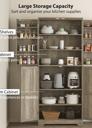 Farmhouse Kitchen Pantry, 72" Tall Pantry Cabinet with 4 Barn Doors, 4 Adjustable Shelves and 8 Door Shelves, Gray Wash
