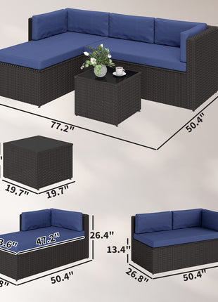 3 Piece Patio Furniture Set, Wicker Outdoor Patio Conversation Furniture Set with Cushions, Glass Top Table, Navy Blue