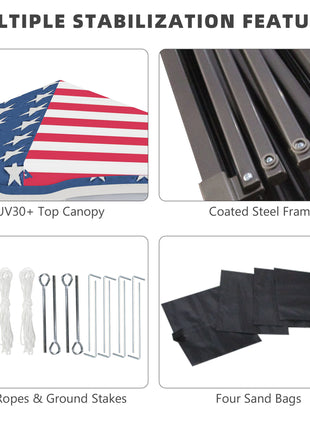10' x 10' Pop Up Canopy Tent with Netting, Instant Tents for Parties, Height Adjustable, with Wheeled Carry Bag and 4 Sand Bags for Outdoor, Garden, Patio, American Flag
