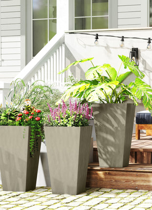 Tall Planters for Outdoor Plants Set of 3, 28 In Taper Planters with Drainage Holes, Indoor Grande Plant Pots, Front Porch Decor, Grey