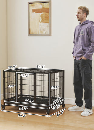 36" Heavy Duty Dog Crate with Removable Tray, Lockable Wheels and Double Door, for Medium and Large Dogs, Black