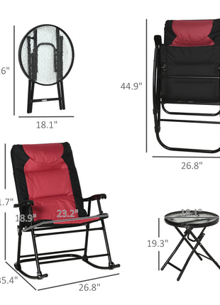 3 Piece Outdoor Patio Furniture Set with Glass Coffee Table & 2 Folding Padded Rocking Chairs, Bistro Style for Porch, Camping, Balcony, Red
