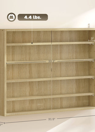5-Tier Display Cabinet, Wall-Mounted Display Case with 2 Glass Doors and Adjustable Shelves, Oak