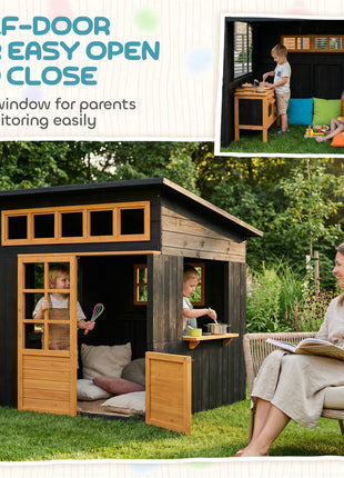 Outdoor Playhouse, Wooden Kids Playhouse w/ Picnic Table & Benches, Chalkboards, Half Door, Windows, for Kids Ages 3-8