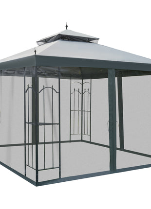 118" x 118" Steel Outdoor Patio Gazebo Canopy with Removable Mesh Curtains, Display Shelves, & Steel Frame, Gray