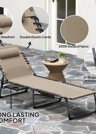 Folding Outdoor Chaise Lounge Chair Tanning Chair with 5-Level Adjustable Back, Side Table, Pillow, Pocket, Beige