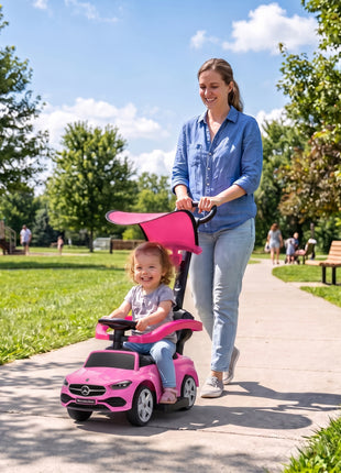 4 in 1 Toddler Push Car Licensed Benz with Push Handle, Guardrails, Canopy, Horn, Music, Storage for 18-36 Months, Pink