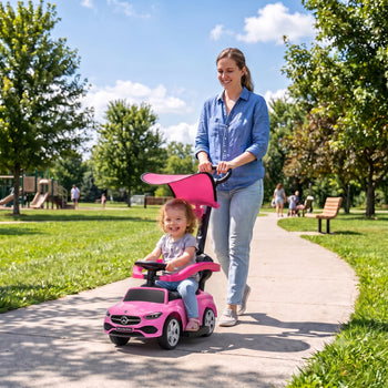 4 in 1 Toddler Push Car Licensed Benz with Push Handle, Guardrails, Canopy, Horn, Music, Storage for 18-36 Months, Pink