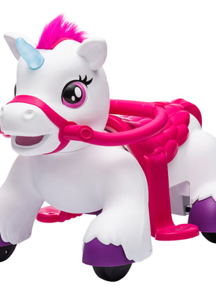 12V Unicorn Ride on Horse with Carrot Toy, Comb, Animal Sounds, for Girls Boys Aged 1.5-3 Years Old