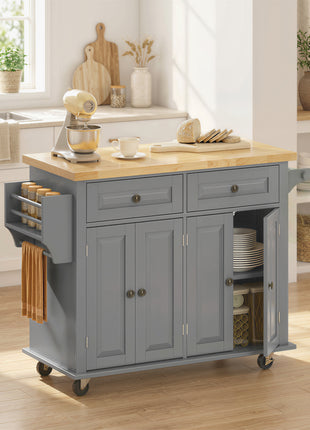 44" Mobile Kitchen Island Table, Kitchen Island Cart on Wheels with Storage Cabinets, 2 Drawers, Gray