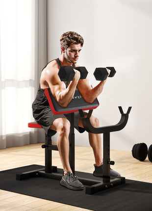 265 LBS Preacher Curl Bench for Strength Training, Adjustable Seated Arm Isolated Barbell Dumbbell Bicep Station, Black