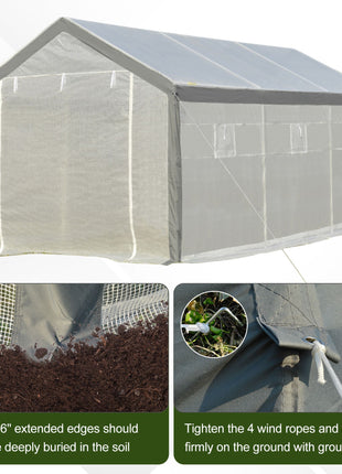 20' x 10' x 9' Walk-in Greenhouse, Outdoor Garden Warm Hot House with 6 Roll-up Windows, 2 Zippered Doors and Weather Cover, White