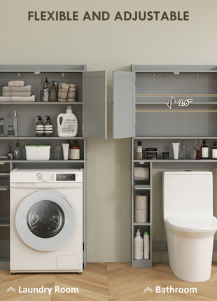 Modern Over the Toilet Storage Cabinet with 2 Doors, Above Commode Storage Cabinet with Toilet Paper Holder, Gray