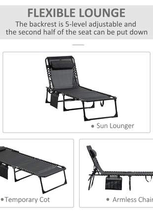 Reclining Chaise Lounge Chair, Portable Sun Lounger, Folding Camping Cot with Adjustable Backrest and Removable Pillow, for Patio, Garden, Beach, Black