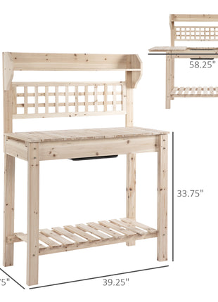 Outdoor Potting Bench Table, Wooden Workstation with Sliding Tabletop, Storage Shelf and Dry Sink, for Greenhouse, Garden, Patio, Natural