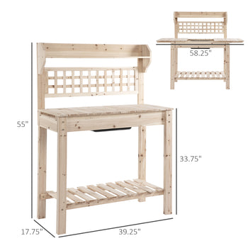 Outdoor Potting Bench Table, Wooden Workstation with Sliding Tabletop, Storage Shelf and Dry Sink, for Greenhouse, Garden, Patio, Natural