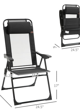 Folding Patio Dining Chairs Set of 2, Outdoor Deck Chair with Adjustable Sling Back, Camping Chair with Removable Headrest for Garden, Backyard, Lawn, Black