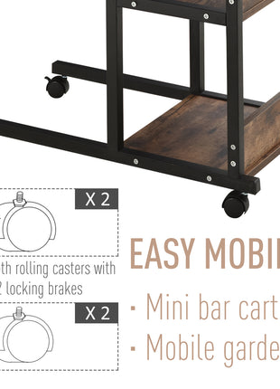 Industrial C-Shaped Mobile Rolling Sofa Side Table with 3-Tier Storage Shelving, Adjustable Height, & Wheels
