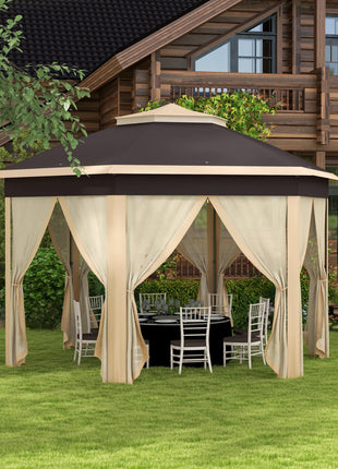 13' x 13' Pop Up Gazebo Hexagonal Canopy Shelter with 6 Zippered Mesh Netting for Patio, Backyard, Garden, Wedding, Party, Beige