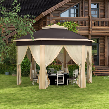 13' x 13' Pop Up Gazebo Hexagonal Canopy Shelter with 6 Zippered Mesh Netting for Patio, Backyard, Garden, Wedding, Party, Beige
