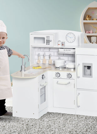 Corner Kids Kitchen Playset, Wooden Pretend Toy Kitchen Set with Drinking Fountain, Microwave, Fridge and Accessories, Pretend Play Kitchen for 3+ Years, White