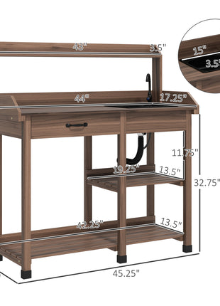 Potting Bench Table, Outdoor Garden Table Wooden Work Station with Removable Sink, Faucet, Drawer, Shelves, Hooks, Dark Brown