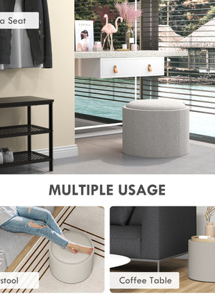 Round Storage Ottoman Coffee Table with Flip Top Tray, Linen Fabric Upholstered Footstool with Hidden Compartment