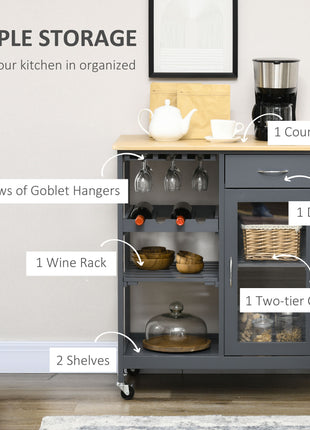 Rolling Kitchen Island with Storage, Kitchen Cart with 4-bottle  Rack, Bar Cart with Stemware Holder, Shelves, Drawer and Cabinet, Gray