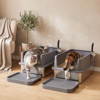 2 Pack XL Stainless Steel Litter Box, Metal Cat Litter Box High Sided with Tracking Step & Stainless Steel Scoops