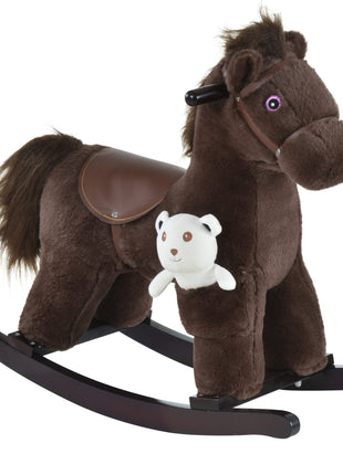 Kids Rocking Horse with Bear Toy, Plush Animal Rocker with Fun Realistic Sounds for Toddler 18-36 Months, Brown