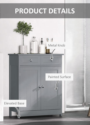 Freestanding Bathroom Floor Cabinet, Wooden Bathroom Cabinet with 2 Doors, 2 Drawers and Adjustable Shelf, Gray