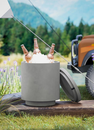 2.6 Gal Outdoor Side Table, 3-In-1 Concrete Cooler Bar Table with Storage, Removable Ice Bucket and Lid, Gray