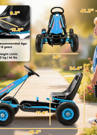 Kids Go Kart, Pedal Car with Adjustable Seat, EVA Wheels, Brake, for Boys & Girls Aged 3-8 Years Old, Blue