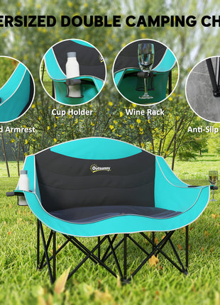 Padded Folding Camp Chair for Adults, Double Camping Chair with Armrests, Cup Holders, Carry Bag for Outdoor, Green