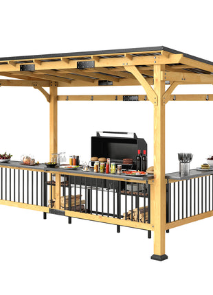 13' x 6' Wooden BBQ Grill Gazebo, Outdoor Hardtop Grill Gazebo with Metal Roof, 2 Bar Shelves and 6 Hooks, Natural