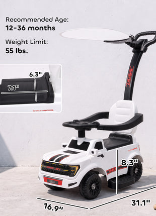 3-in-1 Push Car for 1-3, Licensed FORD Shelby Sliding Walking Car with Parent Handle, Canopy, Guardrail, Storage, White