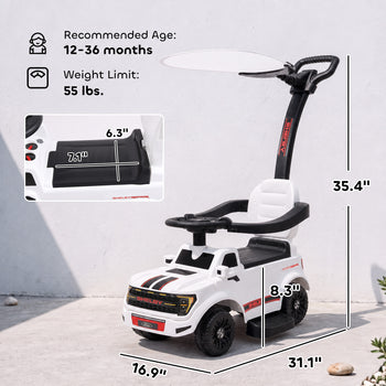 3-in-1 Push Car for 1-3, Licensed FORD Shelby Sliding Walking Car with Parent Handle, Canopy, Guardrail, Storage, White