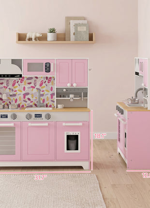 Play Kitchen, Kids Kitchen Playset with Coffee Maker, Ice Maker, Clicking Knobs, Storage, Accessories for 3-8 Years