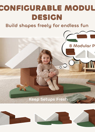 Foam Climbing Blocks, 8PCS Climbing Toys, Velvet Fabric, Foam, Non-Slip, Kids Soft Play Set for Crawling, Ages 1+, Brown