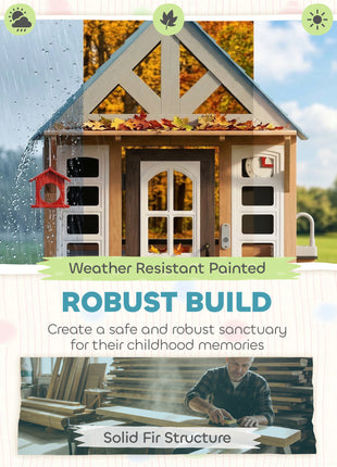 Wooden Kids Playhouse with Pet Door, Play Kitchen, Mailbox, Doorbell, Birdhouse, Fence and Windows for Pretend Play