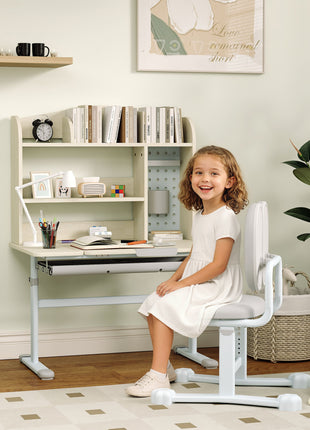 Kids Study Desk and Chair Set with Adjustable Height, Tiltable Desktop, Hutch and Drawer for Ages 3-12, Gray