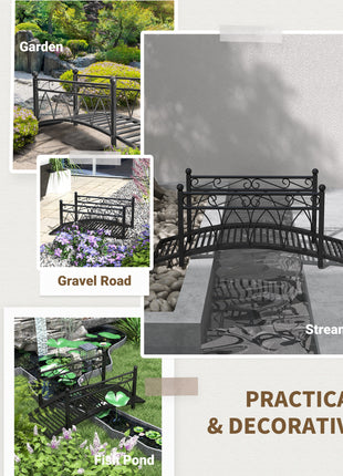 3.3' Metal Arch Zen Garden Pond Bridg with Safety Siderails for Stream, Fish Pond, Black