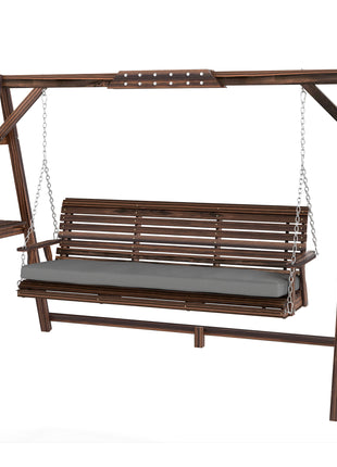 3 Seat Wooden Porch Swing with Stand, Patio Swing with Cushion, for Garden, Poolside, Backyard, Carbonized Brown