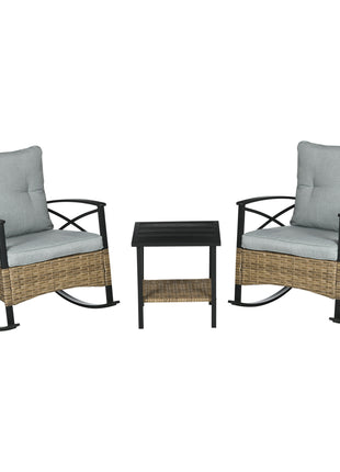 3 Piece Patio Rocking Chair Set, Outdoor Wicker Bistro Set with 2 Oversize Cushioned Porch Rockers and 2 Tier Coffee Table for Garden, Backyard, Light Gray
